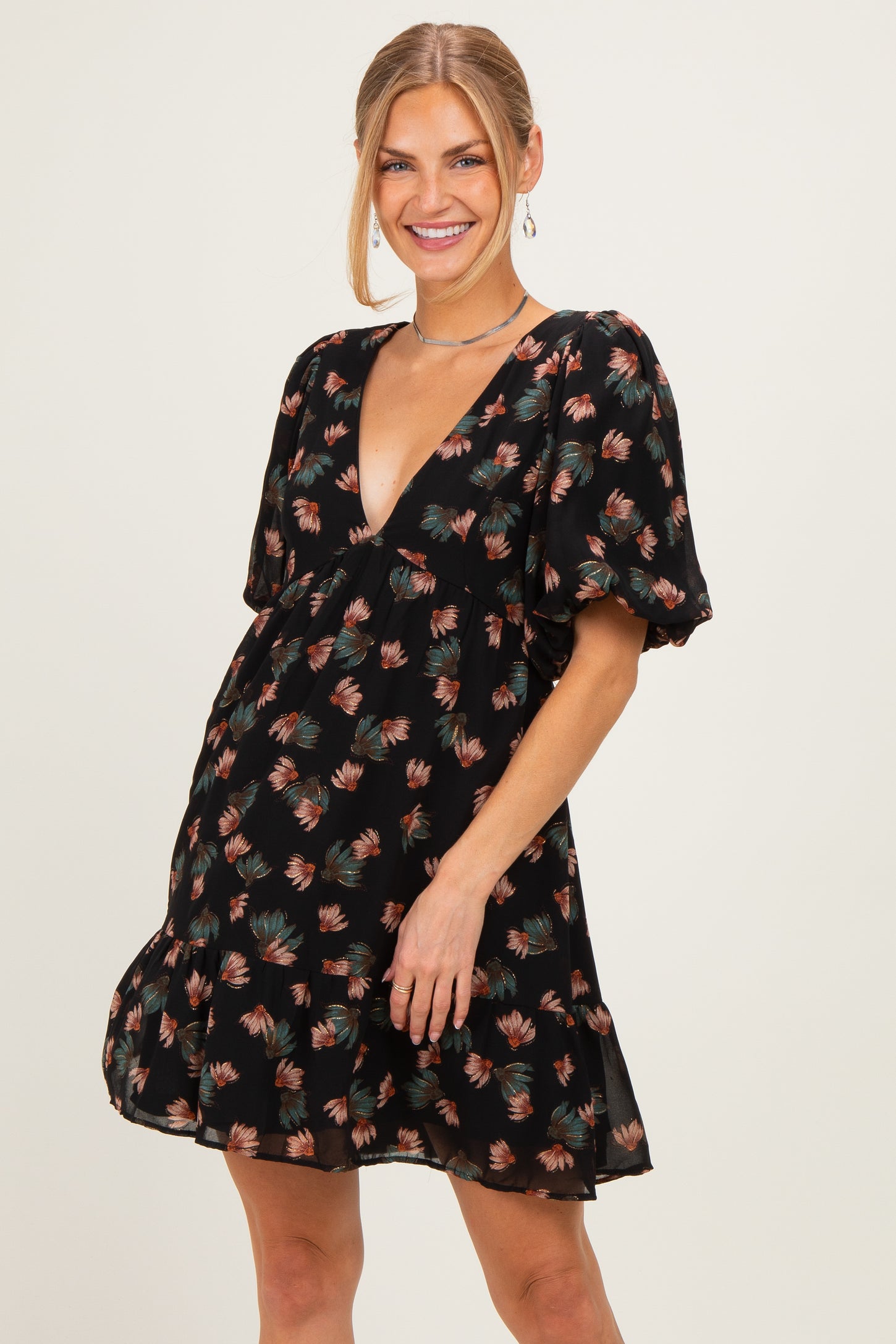Black Floral Puff Sleeve Maternity Dress