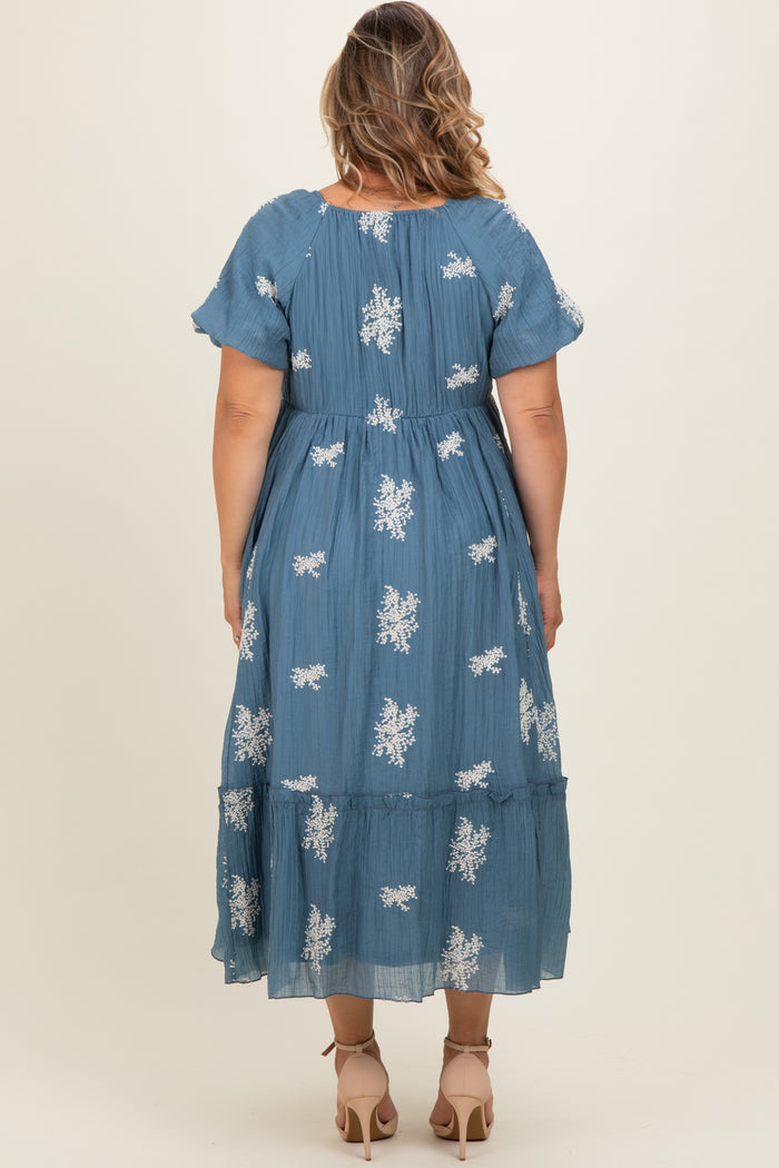 Dusty Blue Floral Print Ruffle Hem Maternity Plus Midi Dress