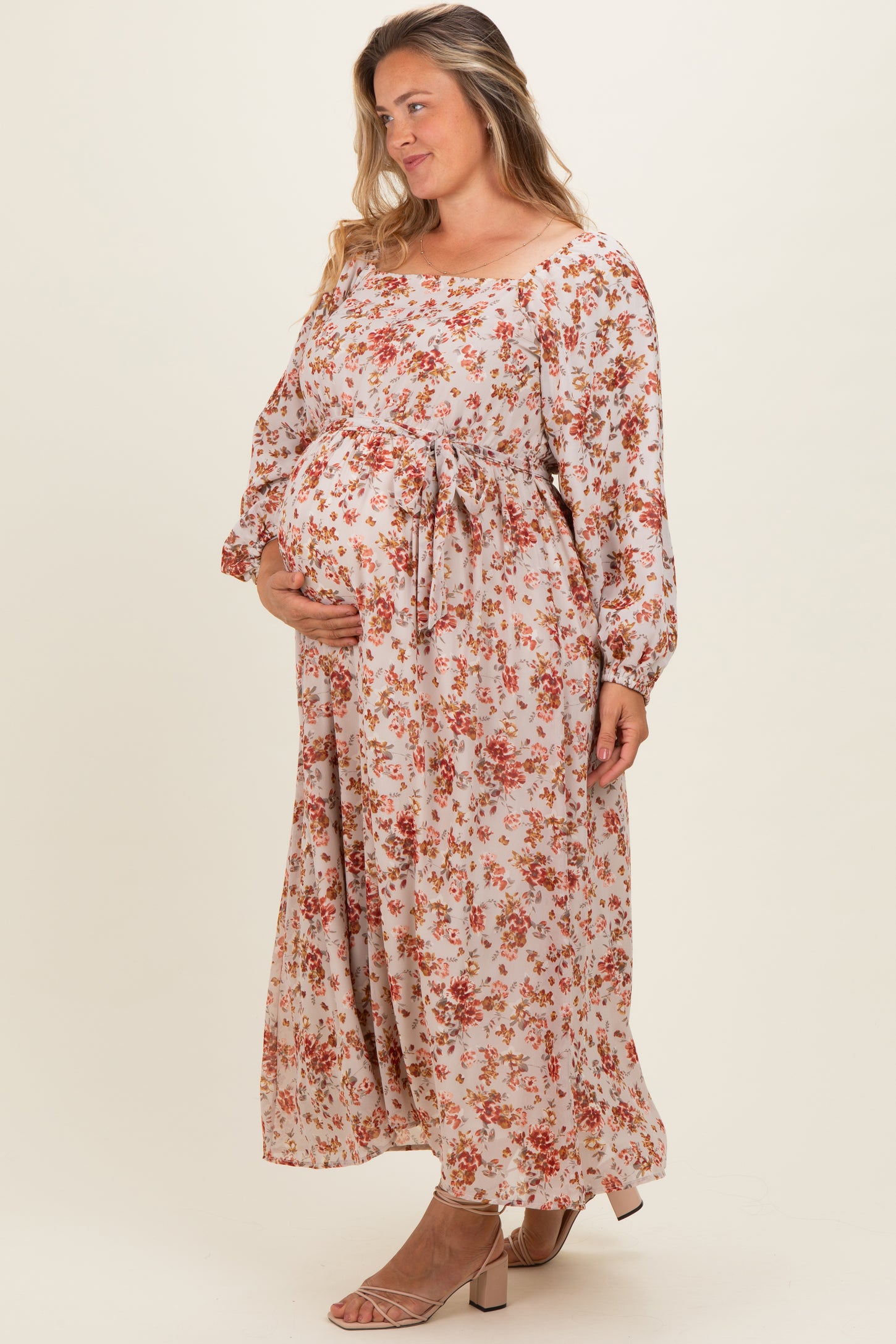 Cream Floral Square Neck Front Tie Maternity Plus Midi Dress