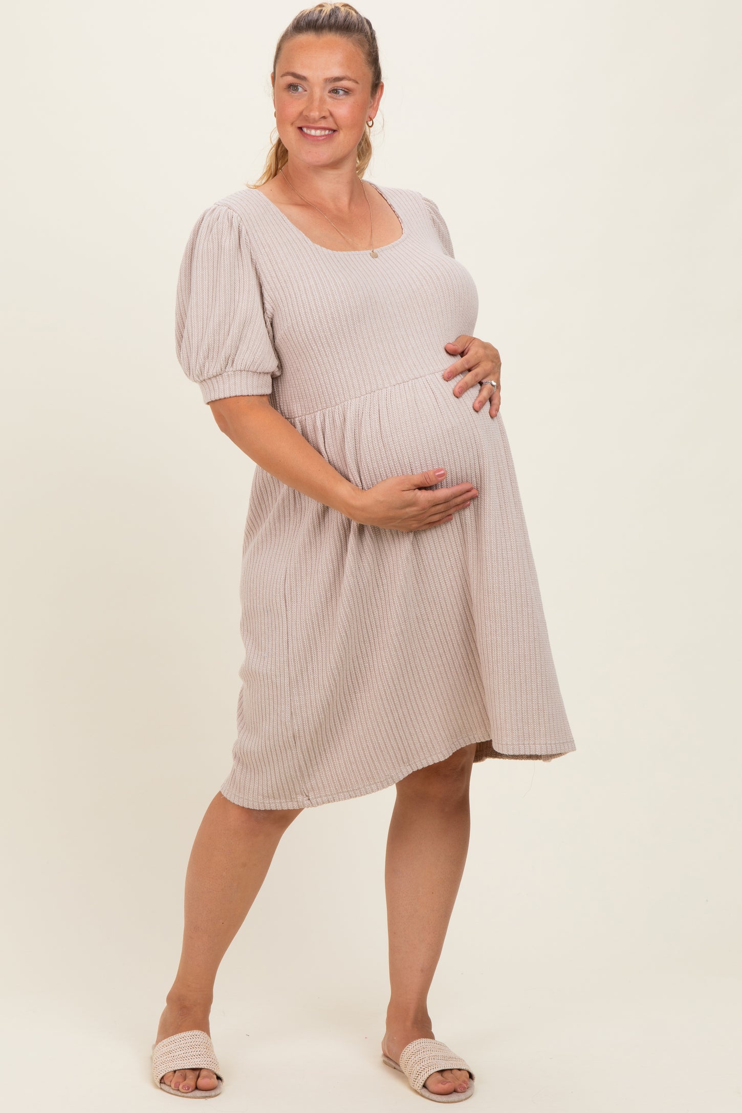Beige Ribbed Knit Maternity Plus Midi Dress