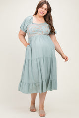 Sage Embroidered Ruffle Accent Maternity Plus Midi Dress