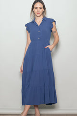 Deep Blue Button Up Ruffle Sleeve Tiered Maternity Maxi Dress