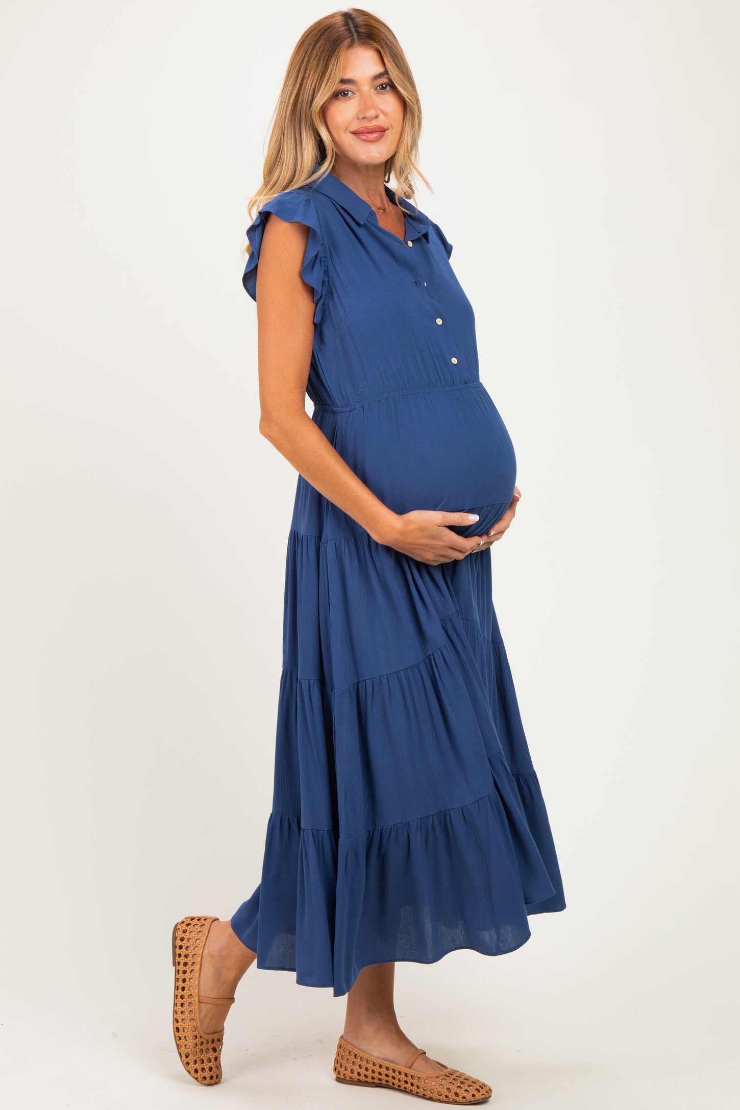 Deep Blue Button Up Ruffle Sleeve Tiered Maternity Maxi Dress