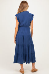 Deep Blue Button Up Ruffle Sleeve Tiered Maternity Maxi Dress