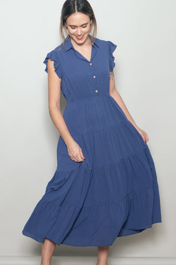 Deep Blue Button Up Ruffle Sleeve Tiered Maxi Dress