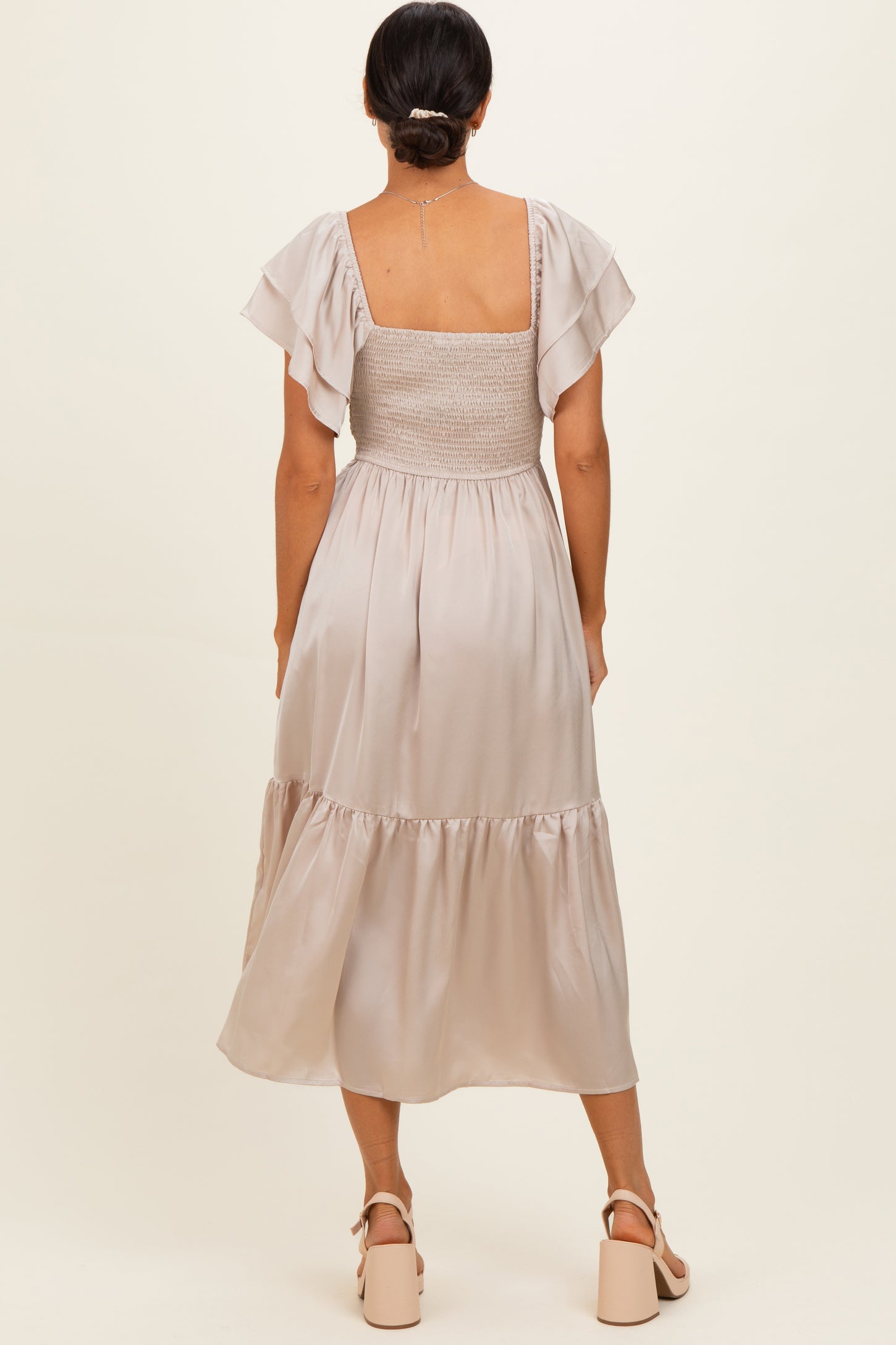 Champagne Satin Flutter Sleeve Midi Dress