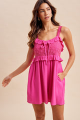 Hot Pink Embroidered Ruffle Accent Romper