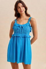 Blue Embroidered Ruffle Accent Romper