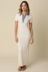 Natural Knit Denim Contrast Collar Maxi Dress