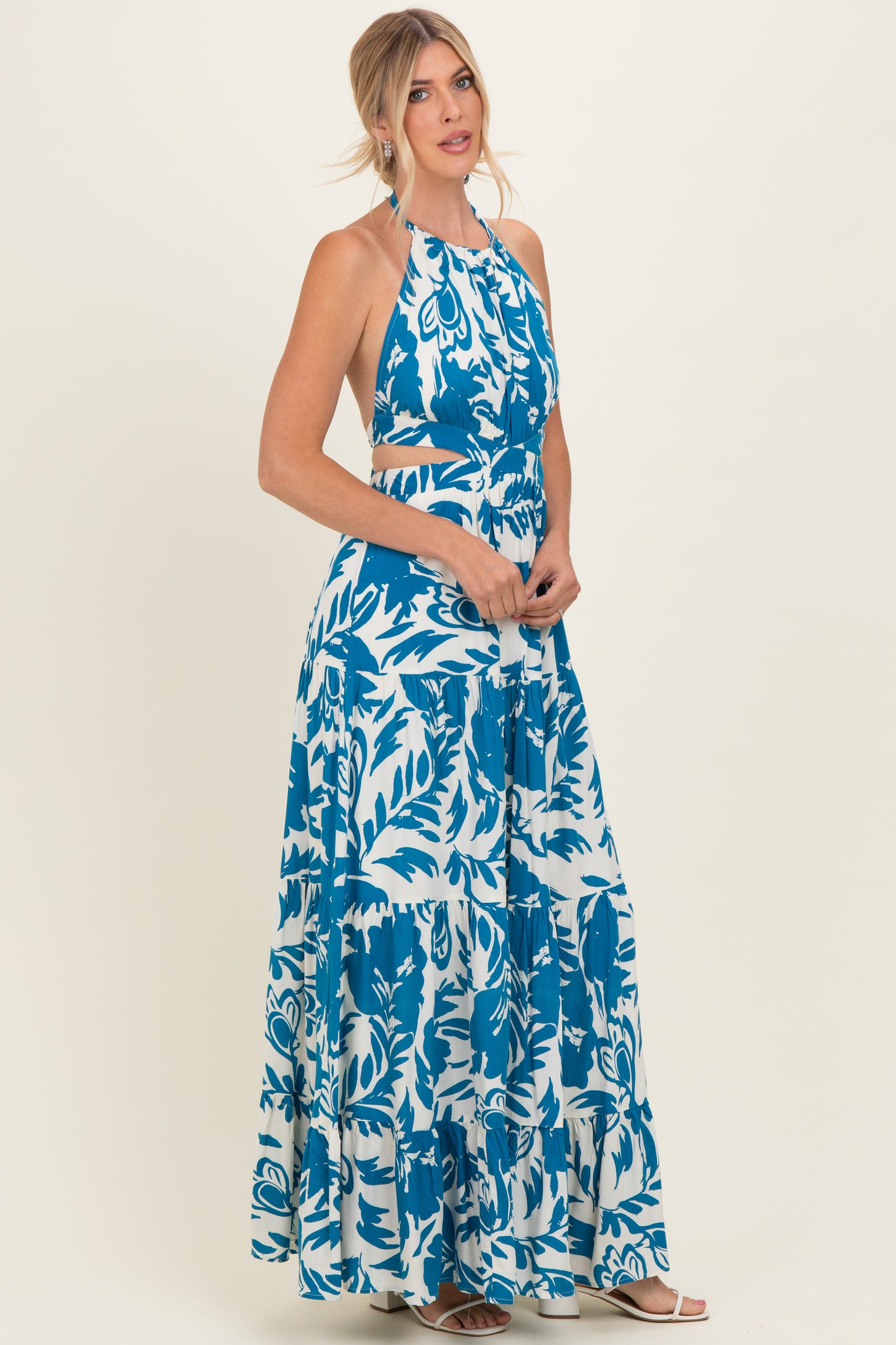 Blue Floral Halter Cutout Open Back Maxi Dresses
