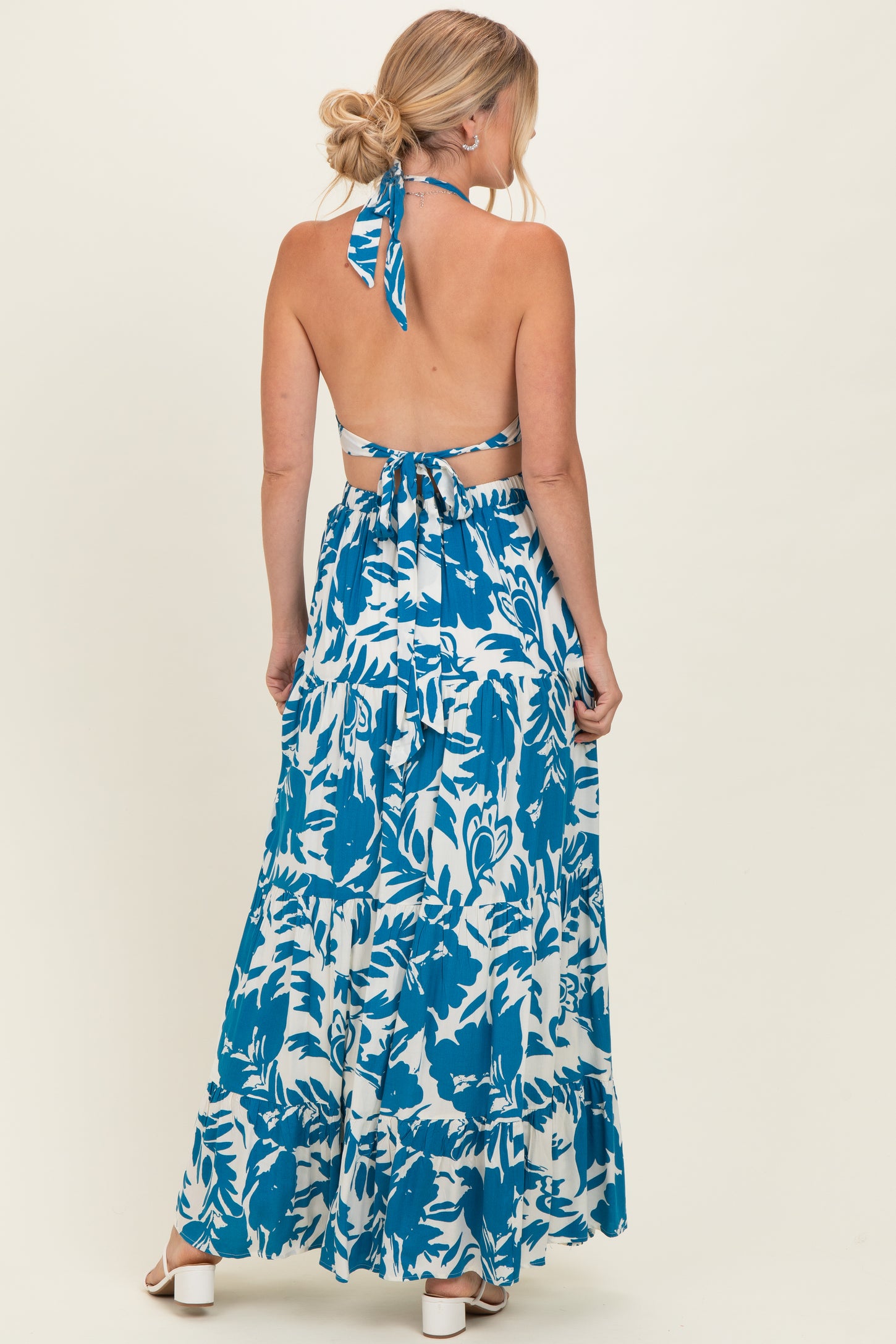 Blue Floral Halter Cutout Open Back Maxi Dresses