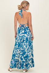 Blue Floral Halter Cutout Open Back Maxi Dresses