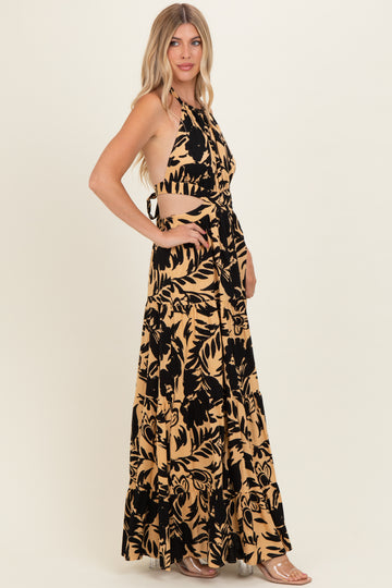 Black Floral Halter Cutout Open Back Maxi Dresses