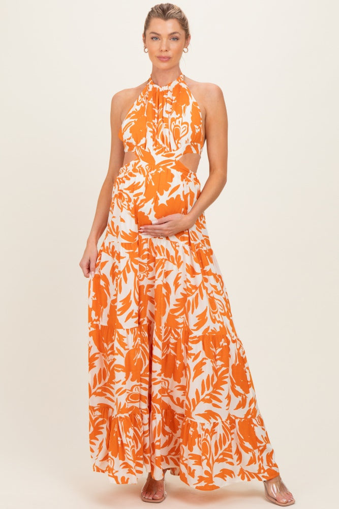 Tangerine Floral Halter Cutout Open Back Maternity Maxi Dresses