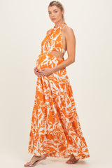 Tangerine Floral Halter Cutout Open Back Maternity Maxi Dresses