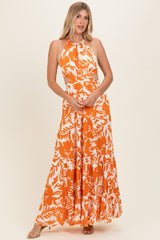 Tangerine Floral Halter Cutout Open Back Maternity Maxi Dresses