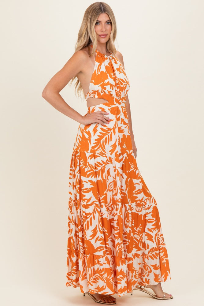 Tangerine Floral Halter Cutout Open Back Maxi Dresses