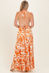 Tangerine Floral Halter Cutout Open Back Maxi Dresses