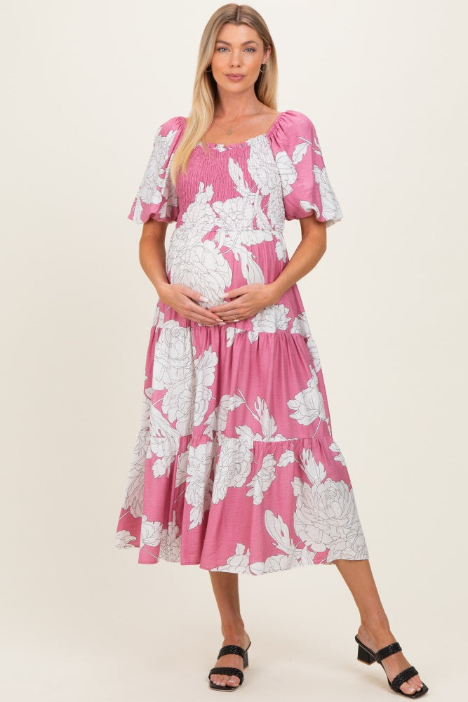 Pink Floral Cutout Tie Back Maternity Midi Dress