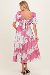 Pink Floral Cutout Tie Back Maternity Midi Dress