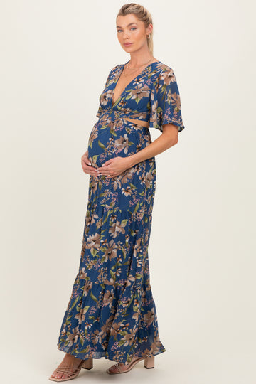 Navy Floral Deep V-Neck Cutout Maternity Maxi Dress