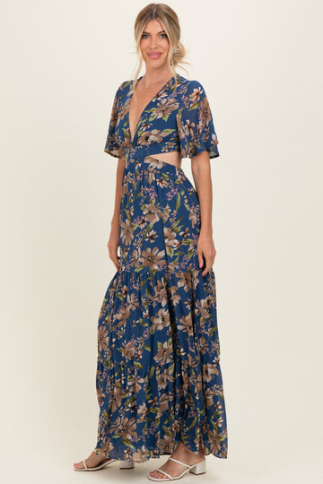 Navy Floral Deep V-Neck Cutout Maxi Dress