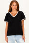 Black Waffle Knit Crochet Trim Top