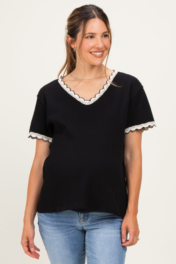 Black Waffle Knit Crochet Trim Maternity Top