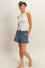 Navy Smocked Waist Mineral Wash Maternity Shorts