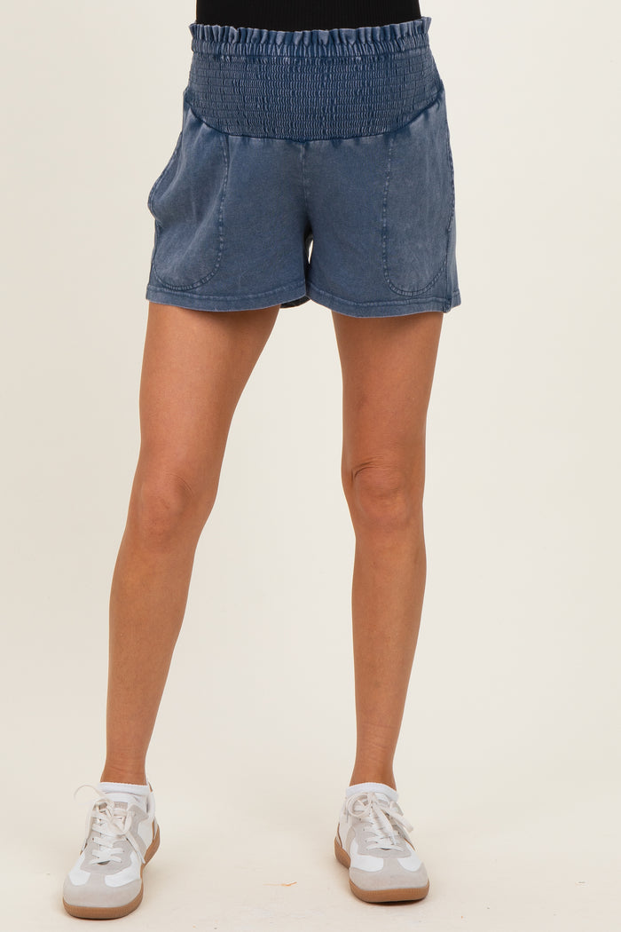Navy Smocked Waist Mineral Wash Maternity Shorts