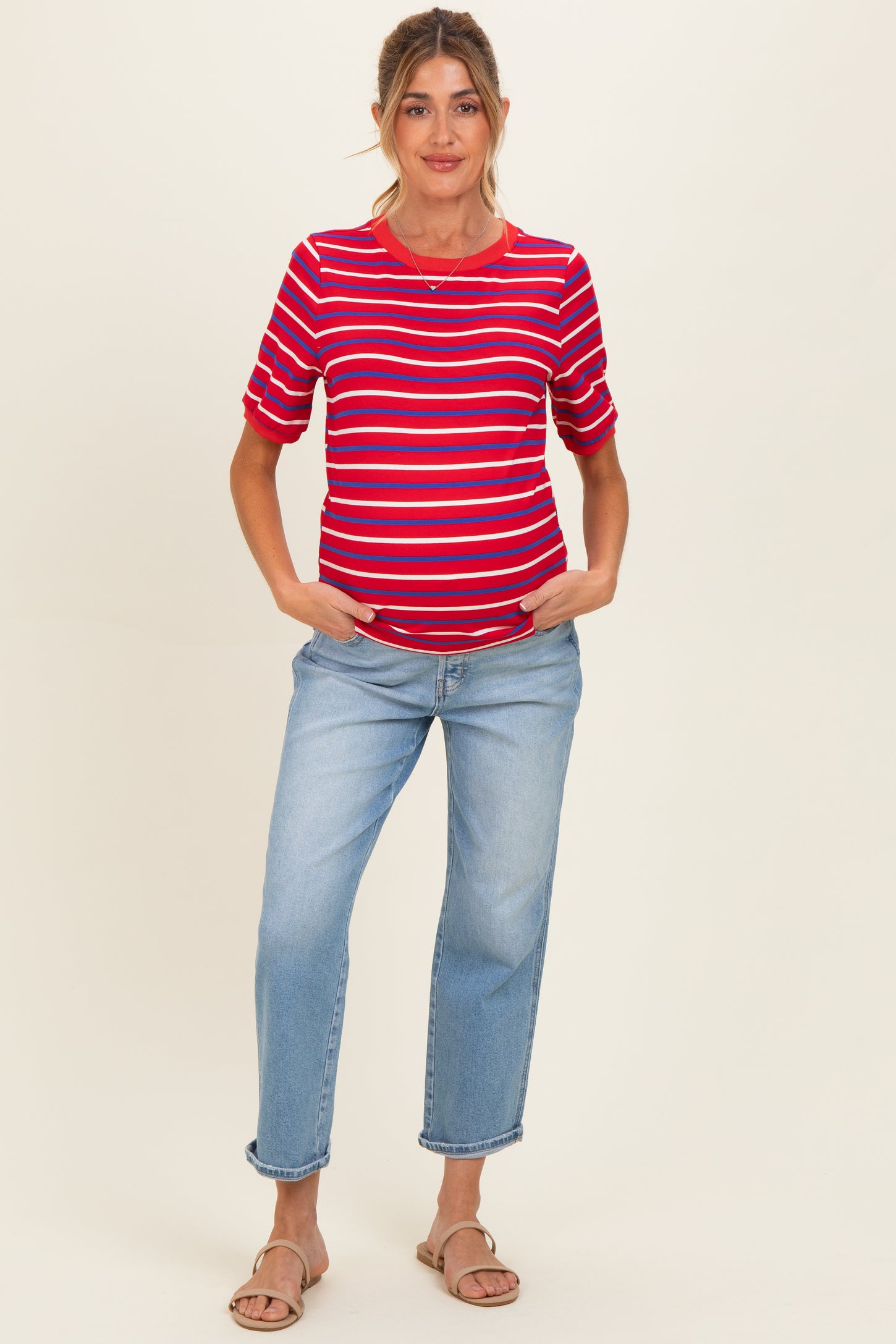 Red Striped Maternity Short Sleeve Top