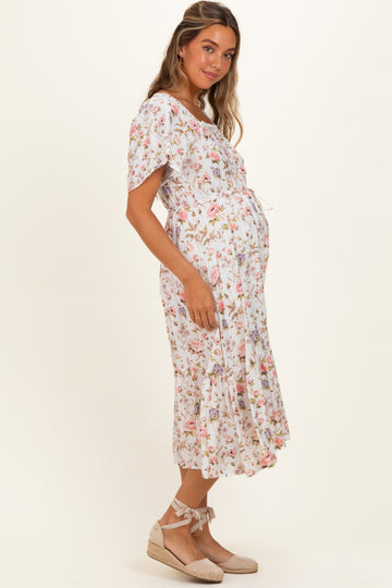 Ivory Floral Flutter Sleeve Maternity Midi Dress