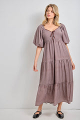 Brown Gingham Puff Sleeve Tiered Maxi Dress