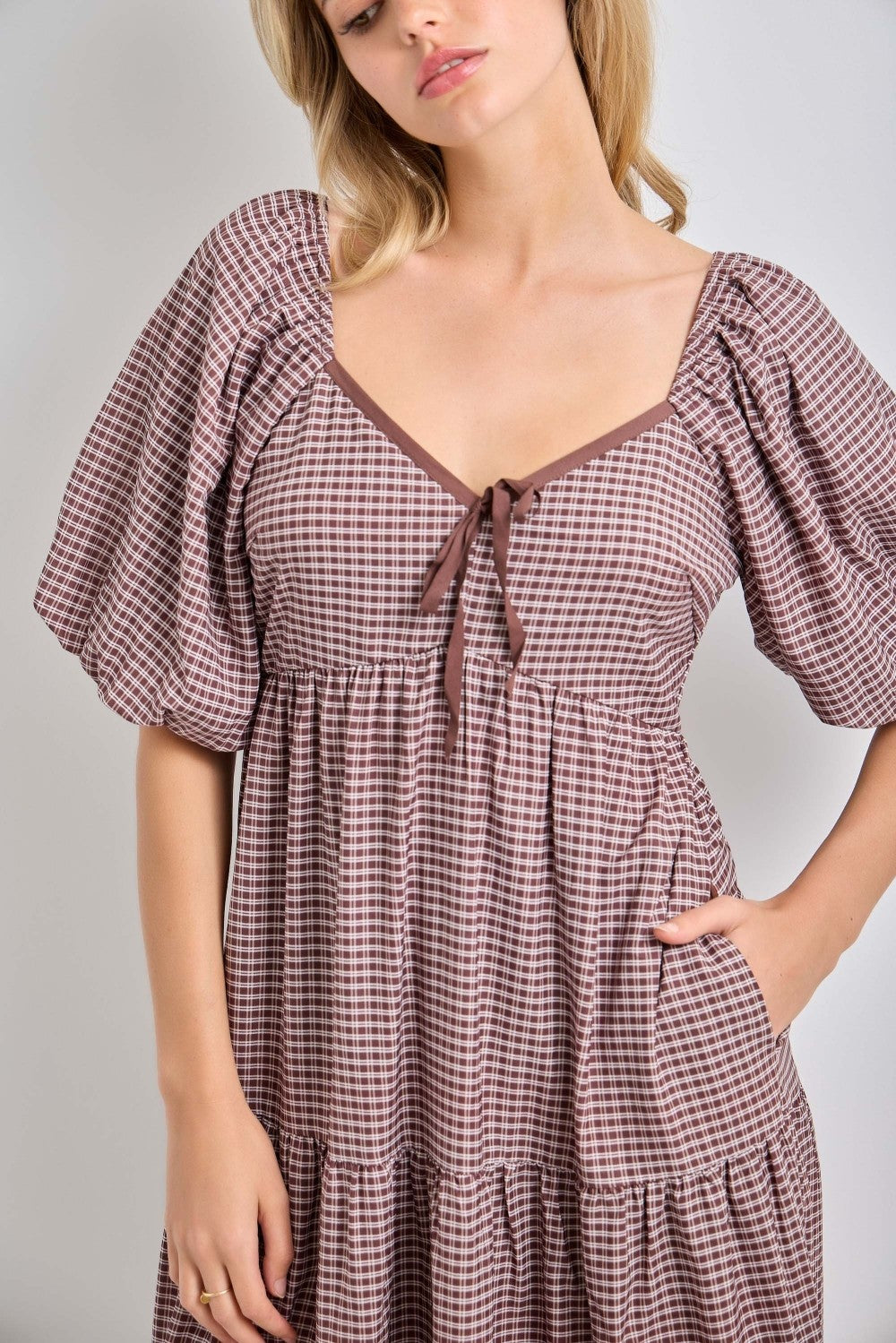 Brown Gingham Puff Sleeve Tiered Maxi Dress