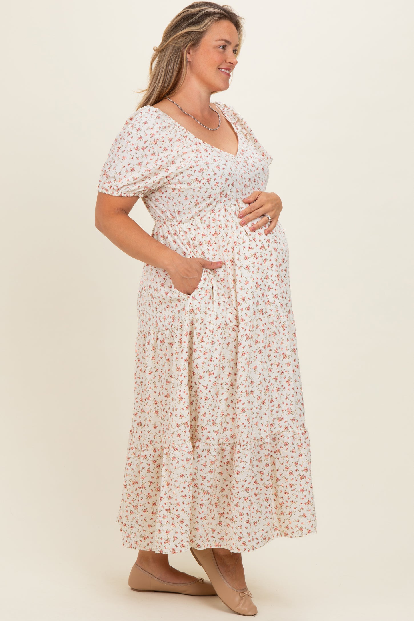 Ivory Floral V-Neck Maternity Plus Maxi Dress