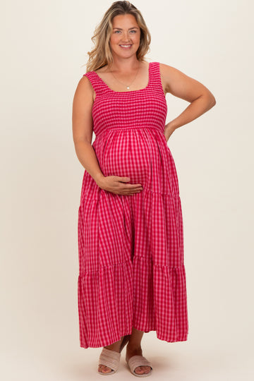 Fuchsia Plaid Tiered Maternity Plus Maxi Dress