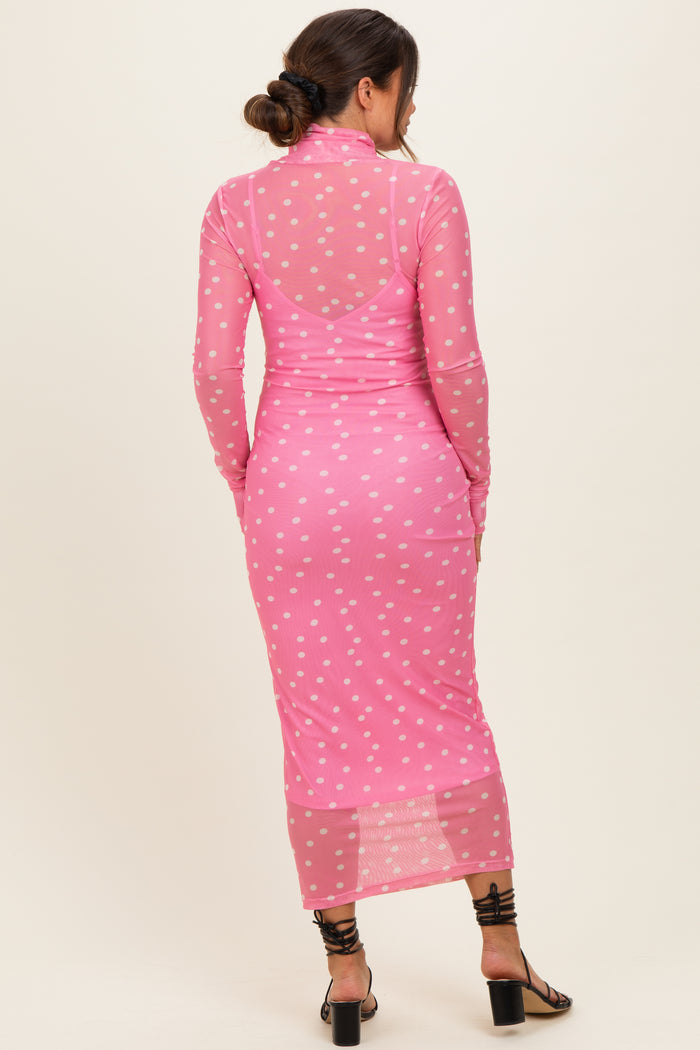 Pink Polka Dot Mesh Overlay Maternity Midi Dress