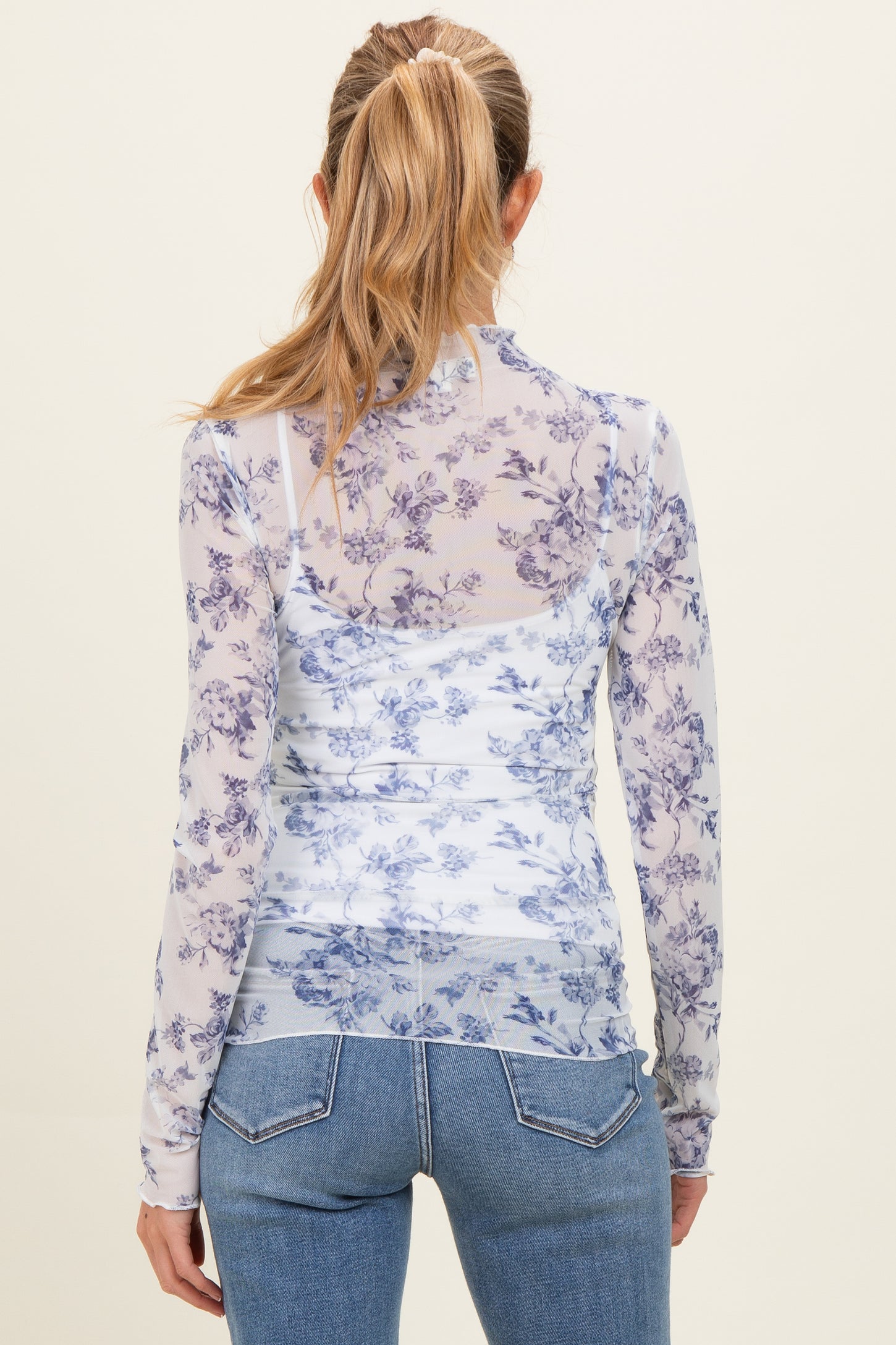 Blue Floral Sheer Mesh High Neckline Maternity Top