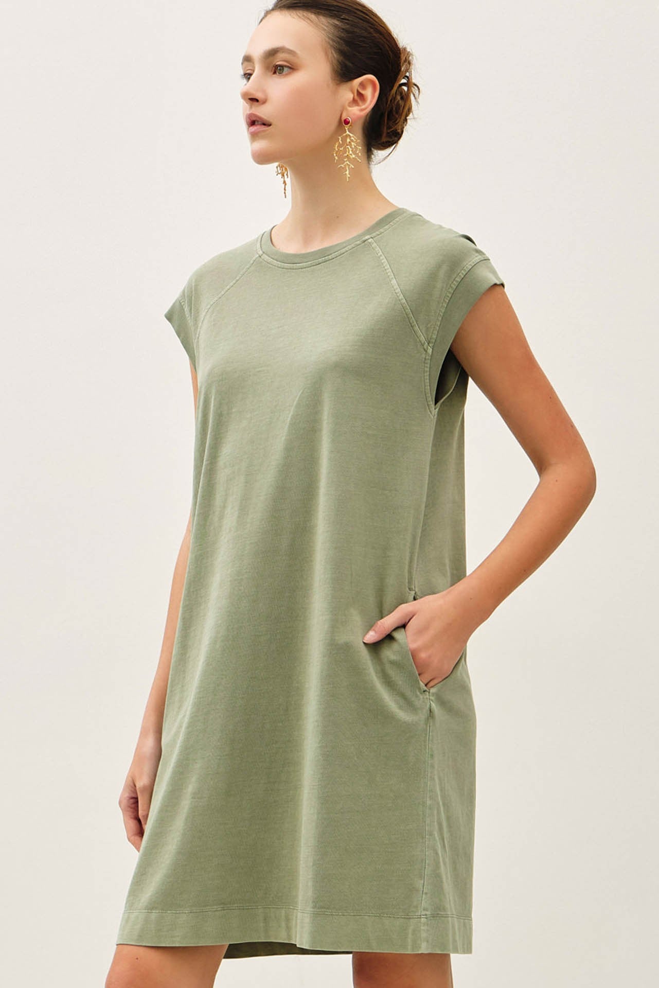 Olive Garment Washed Casual Capped Sleeve Dress