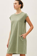 Olive Garment Washed Casual Capped Sleeve Dress