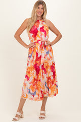 Coral Floral Pleated Midi Dress