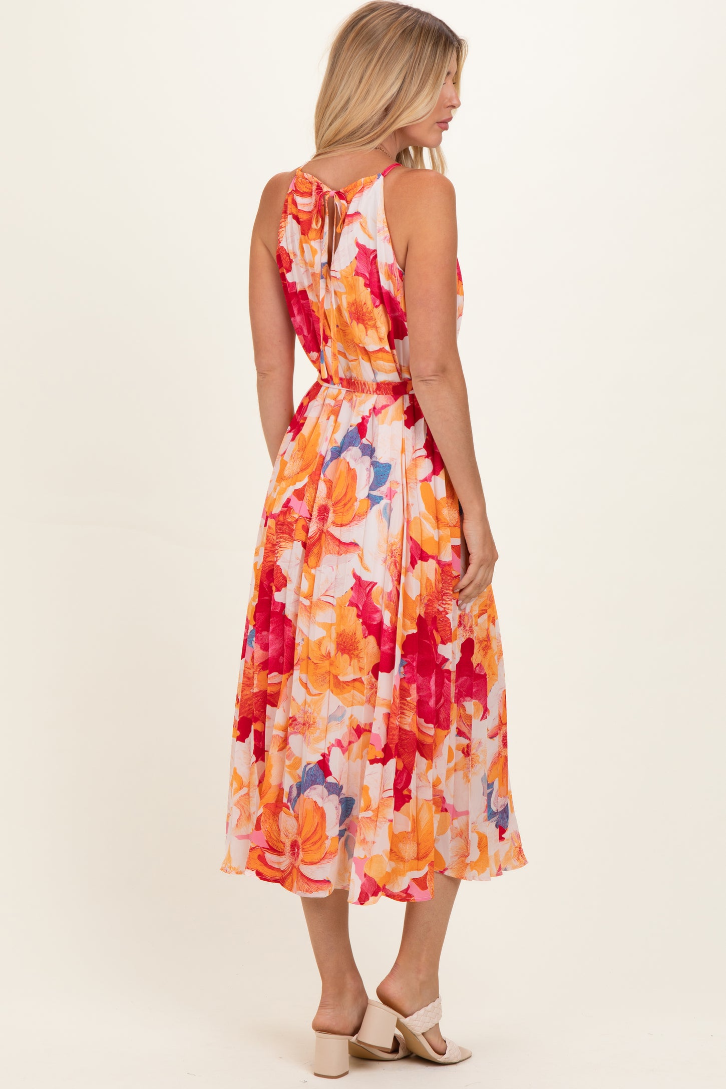 Coral Floral Pleated Midi Dress