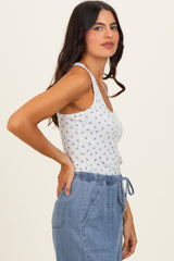 Blue Floral Pointelle Knit Button Tank Top