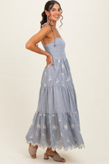 Navy Striped Embroidered Shoulder Tie Midi Dress