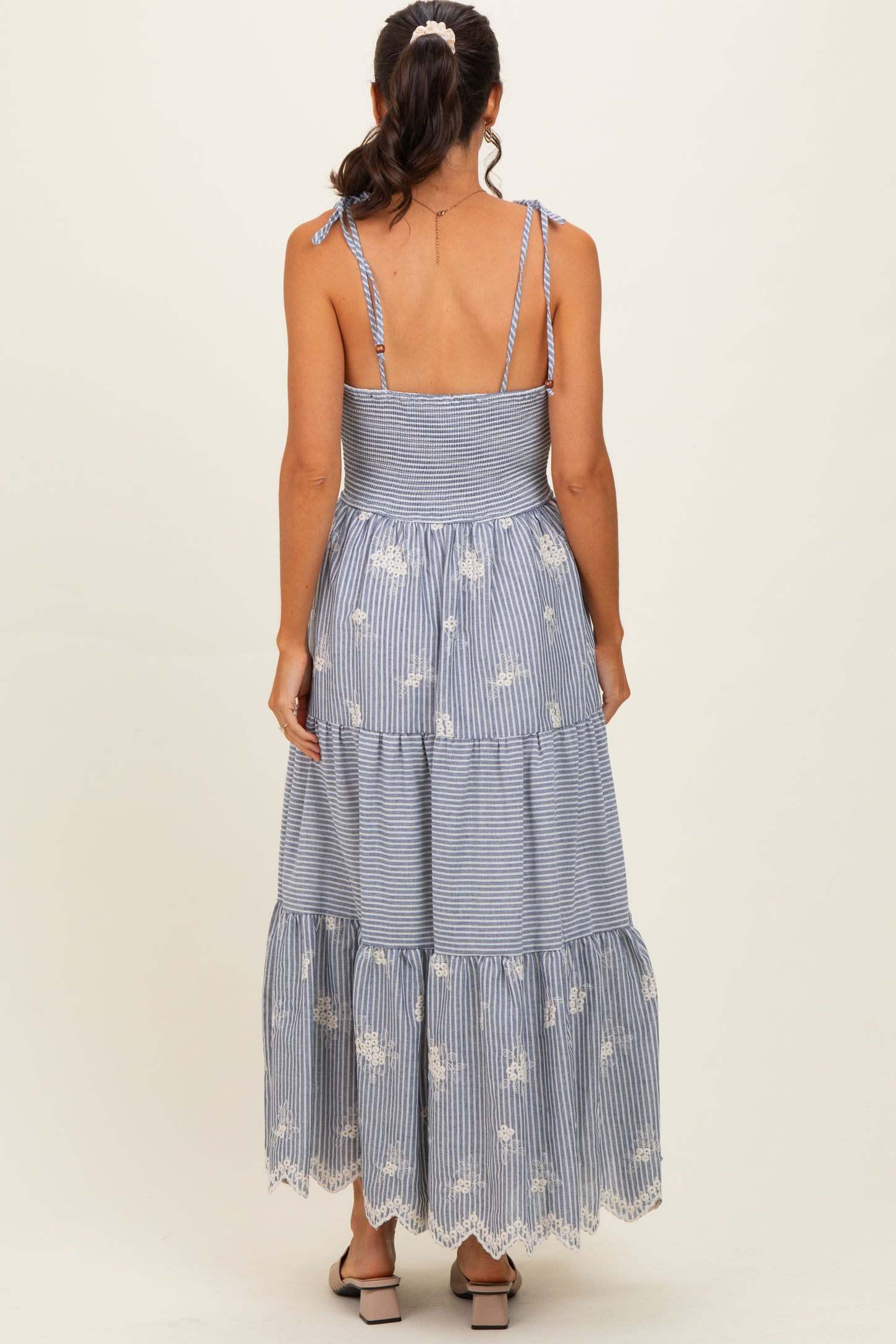 Navy Striped Embroidered Shoulder Tie Midi Dress