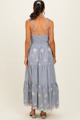 Navy Striped Embroidered Shoulder Tie Midi Dress