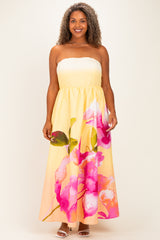 Light Yellow Floral Strapless Plus Maxi Dress