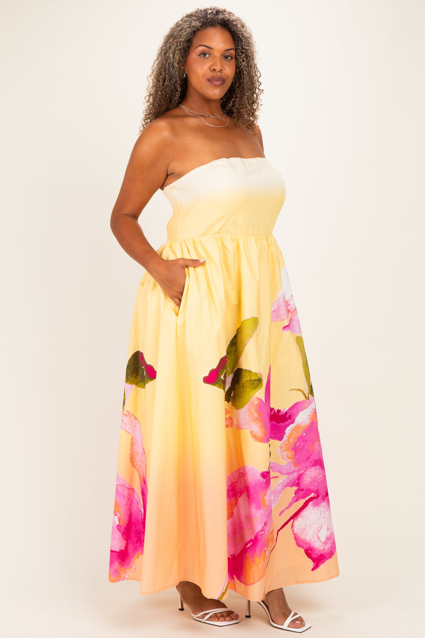 Light Yellow Floral Strapless Plus Maxi Dress