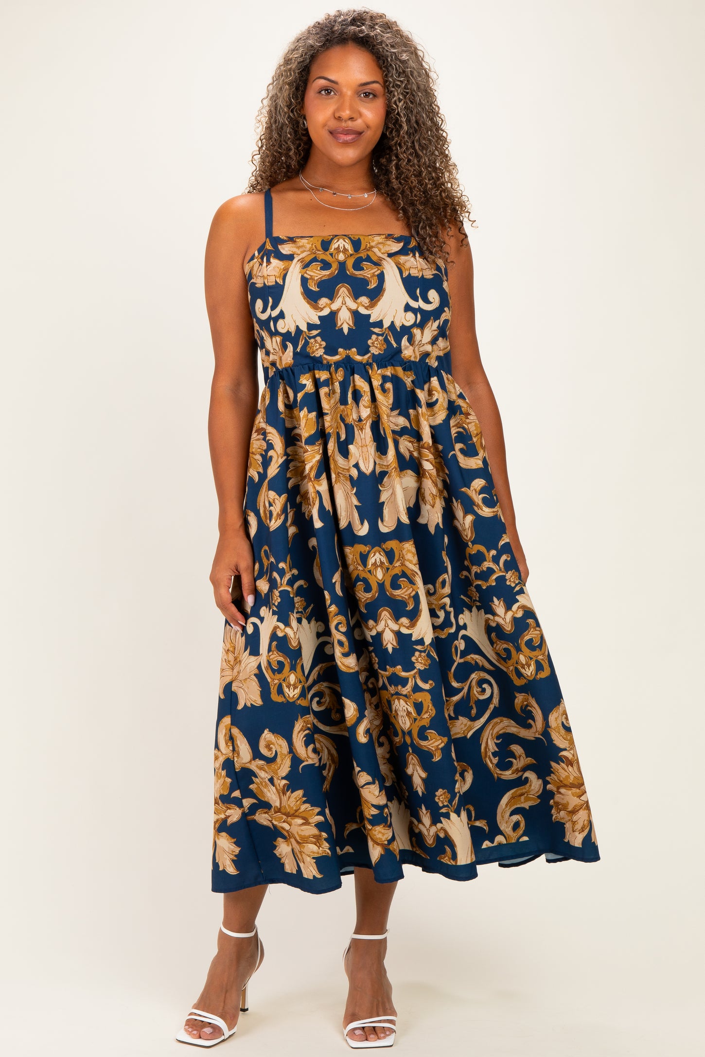 Dark Teal Damask Sleeveless Maternity Plus Maxi Dress