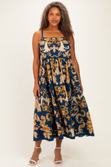 Dark Teal Damask Sleeveless Maternity Plus Maxi Dress